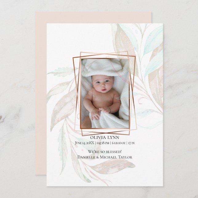 BIRTH ANNOUNCEMENT Pastel Watercolor Wispy Foliage (Front/Back)