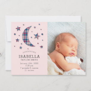 Birth Announcement Photo Card   Plaid Moon Stars