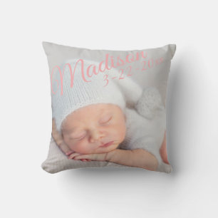 Birth Announcement Pink Birth Stats Photo Cushion