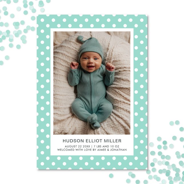 Birth Announcement Polka Dots Aqua Modern Card (Polka dot birth announcement card in aqua)