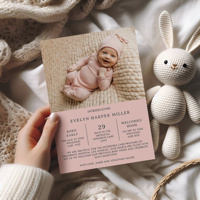Birth Announcement Preemie NICU Modern Pink Card (Creator Uploaded)