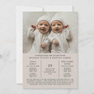 Birth Announcement Preemie Twins NICU Taupe Card
