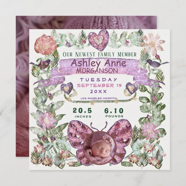 Birth Announcement Pretty Watercolor Butterfly (Front/Back)