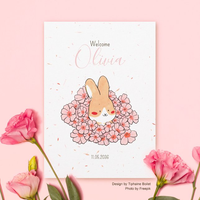 Birth announcement rabbit flower (Faire-part naissance lapin fleur rose fille)