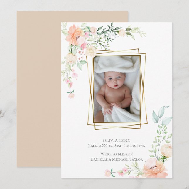Birth Announcement | Spring Watercolor Flowers (Front/Back)