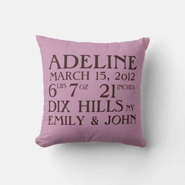 Birth Announcement Stats Lavender Pillow (Front)