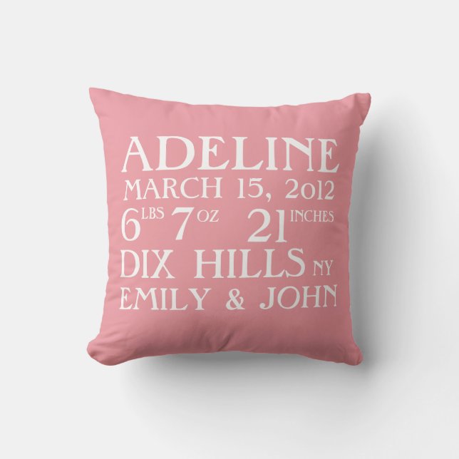 Birth Announcement Stats Pink Pillow (Front)