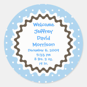 Birth Announcement Sticker - Blue, Brown and White
