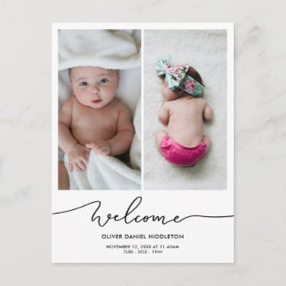 Birth Announcement Welcome Modern Script Photo Postcard