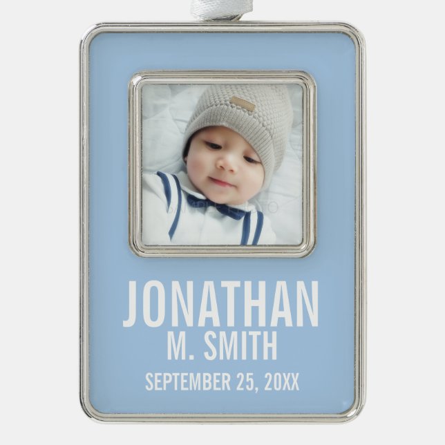 Birth Announcement with Custom Newborn Baby Photo Silver Plated Framed Ornament (Front)