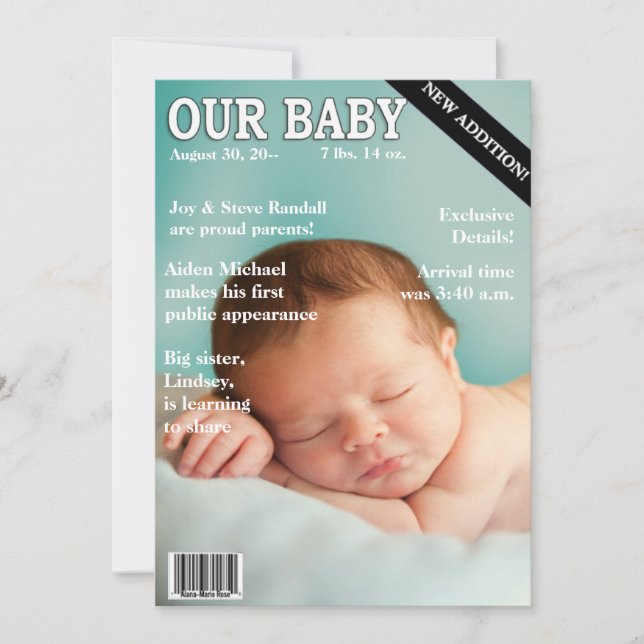 Birth Announcement! Your baby on "Magazine" Cover Announcement (Front)