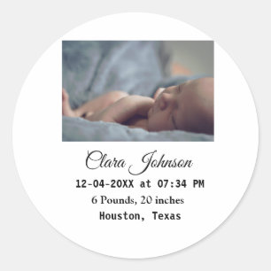Birth announcements add photo date time place deta classic round sticker