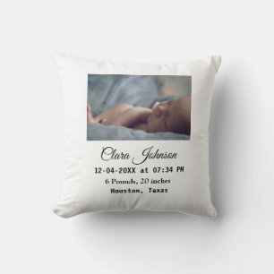 Birth announcements add photo date time place deta cushion