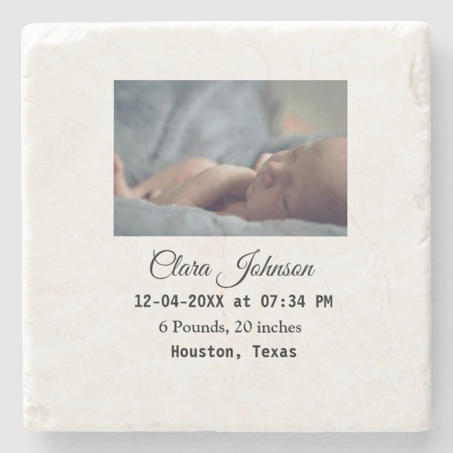 Birth announcements add photo date time place deta stone coaster (Front)