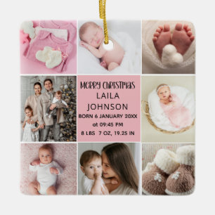 Birth Announcment Personalize 8 Photo christmas Ceramic Ornament