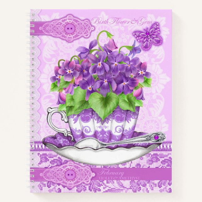 Birth Flower and Gem February Lace Lrge Notebook (Front)