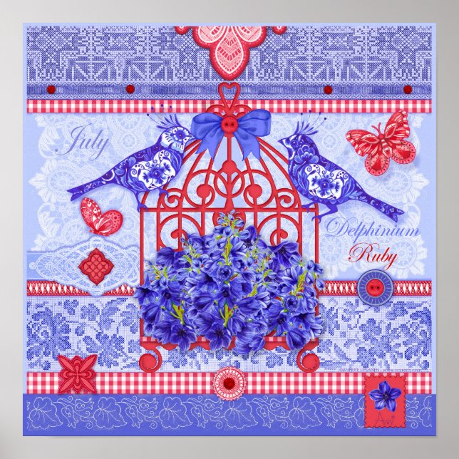 Birth Flower and Gem July Birdcage Poster (Front)