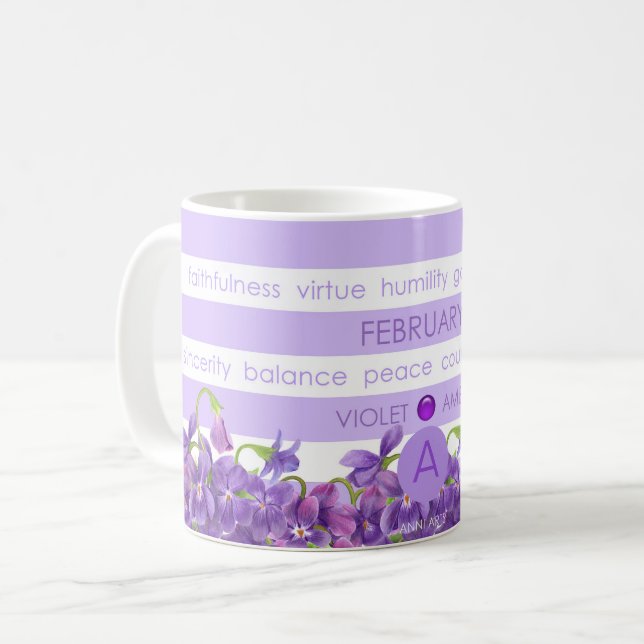 Birth Flower and Gem Stripe Mug February (Front Left)