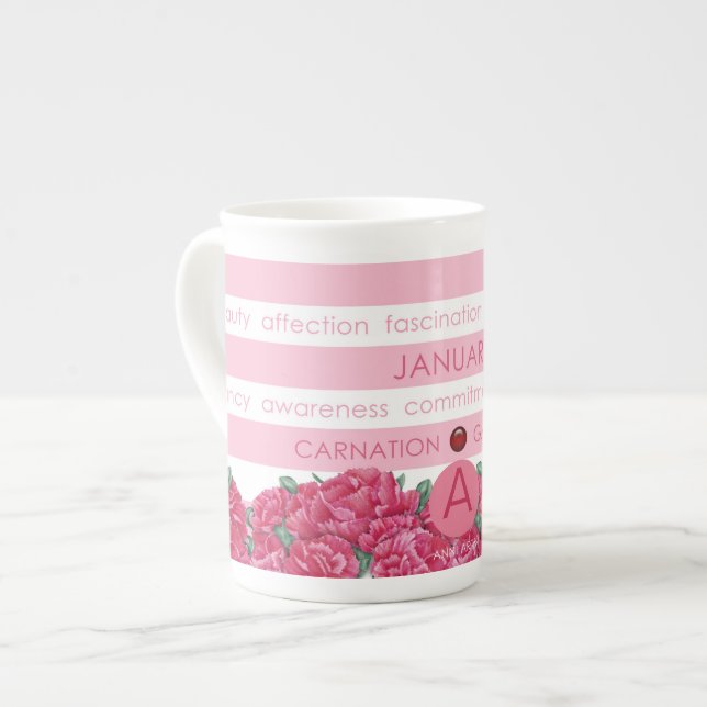 Birth Flower and Gem Stripe Mug January Bone China (Front Left)