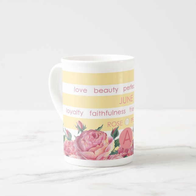 Birth Flower and Gem Stripe Mug June Bone China (Front Left)