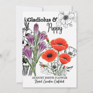 Birth Flower, August, Gladiolus, Poppy, Birthday Holiday Card
