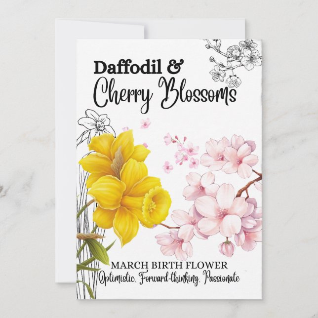 Birth Flower Card, March, Daffodil, Cherry Blossom Holiday Card (Front)