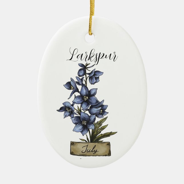 Birth Flower JULY Birthday Larkspur Ceramic Ornament (Front)
