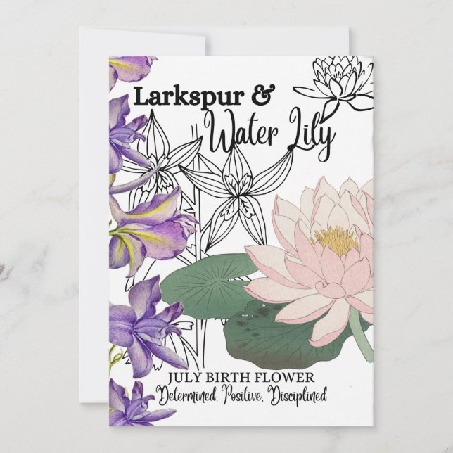 Birth Flower, July, Larkspur, Water Lily, Birthday Holiday Card (Front)