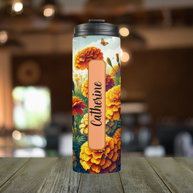 Birth Flower Month October Marigold Personalised Thermal Tumbler (Personalized 20 oz Thermal Tumbler With Birth Flower Marigold Design for the Month of October.)