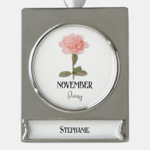 Birth Flower NOVEMBER Birthday Peony Pink Silver Plated Banner Ornament