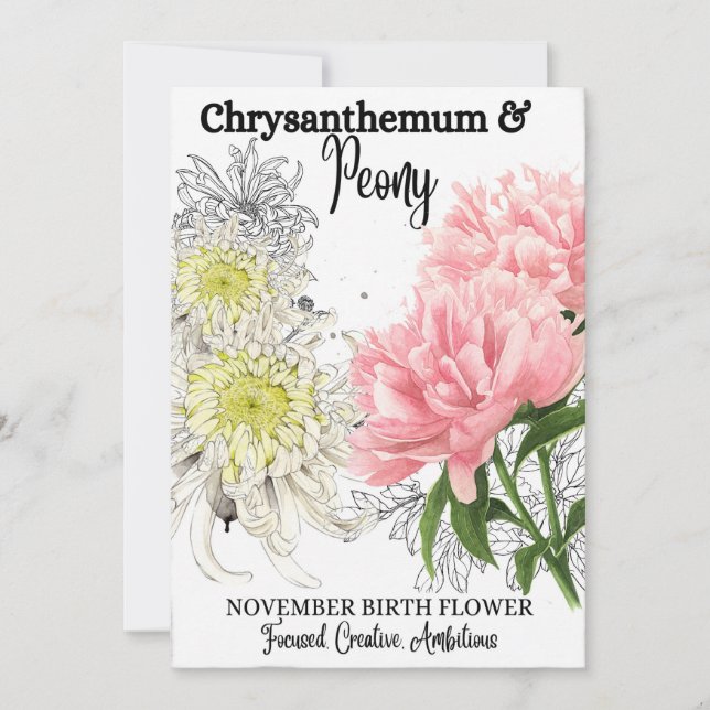 Birth Flower, November, Chrysanthemum, Peony Holiday Card (Front)