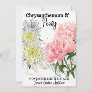 Birth Flower, November, Chrysanthemum, Peony Holiday Card