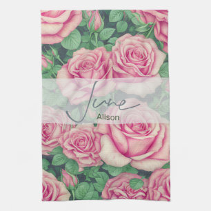 Birth Flower Rose June Tea Towel