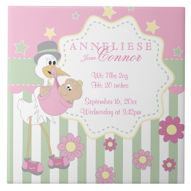 Birth Information - Pink Baby Girl Stork Ceramic Tile (Front)