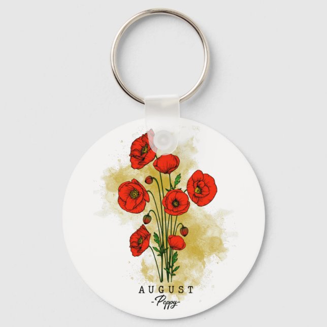 Birth Month Flower Born in August Poppy Flowers Key Ring (Front)