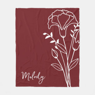 Birth Month Flower, January Maroon Script Name Fleece Blanket