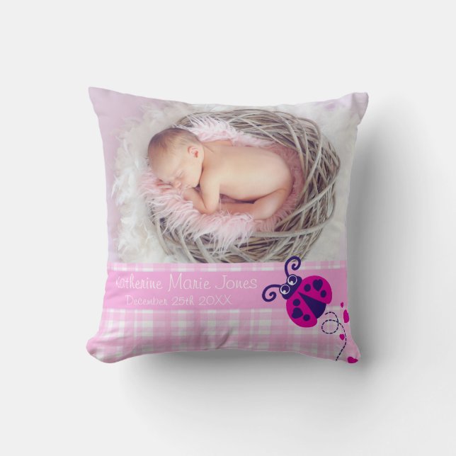 Birth newborn gift ladybug girls pink pillow (Front)