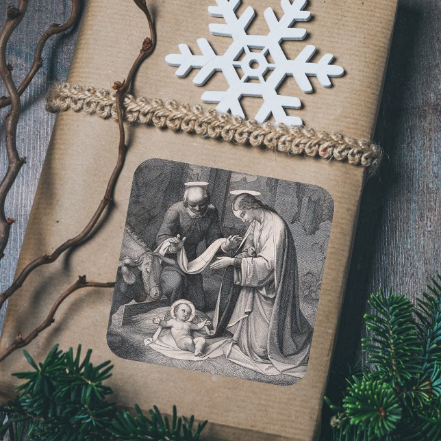 Birth of Christ Christian Christmas Nativity Scene Square Sticker (Birth of Christ - Vintage Religious Christian Catholic  Christmas Nativity Scene Gift Sticker)