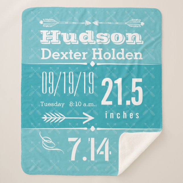 Birth Record Baby Boy Birth Stats Teal Blue Sherpa Blanket (Front)