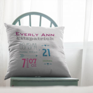 Birth Record Girl's Nursery Room Baby Stat Records Cushion