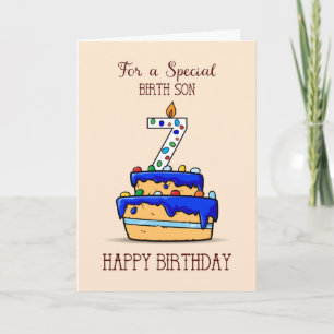 Birth Son 7th Birthday, 7 on Sweet Blue Cake Card