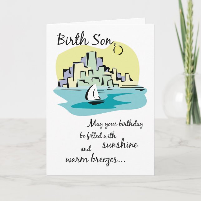 Birth Son Sailboat City Birthday Card (Front)