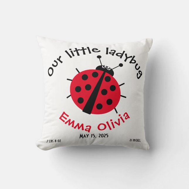 Birth Stat Ladybug Cartoon Girly Cute Throw Pillow (Front)