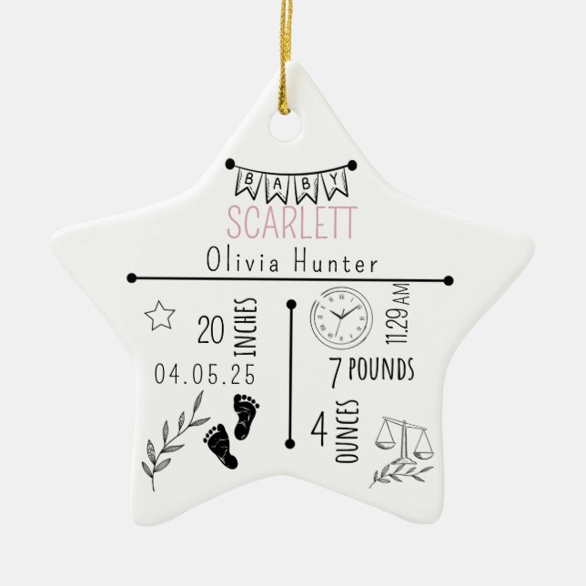 Birth Stats Announcement Keepsake Newborn Photo Ceramic Ornament (Front)