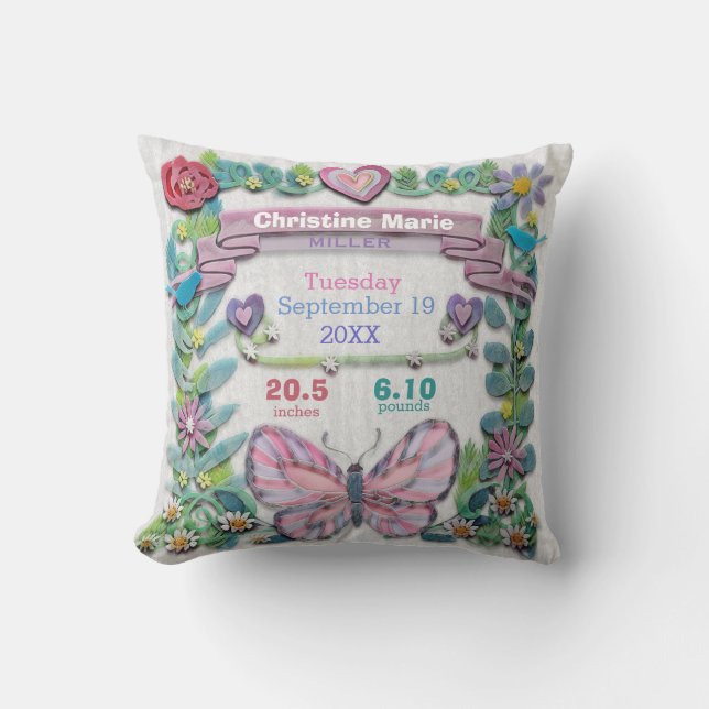 Birth Stats Baby Girl Butterfly with Flowers Cushion (Front)