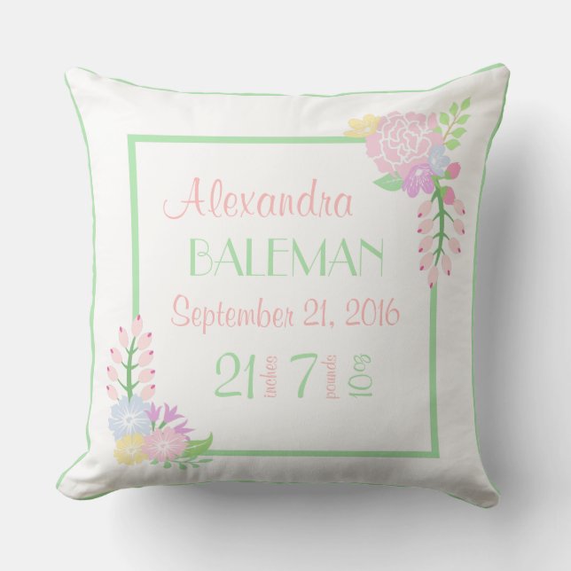 Birth Stats Baby Girl Floral Throw Pillow, 2 sides Cushion (Front)