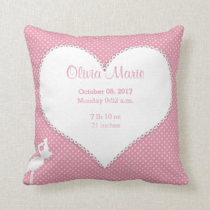 Birth Stats Baby Girl Heart Stork Throw Pillow