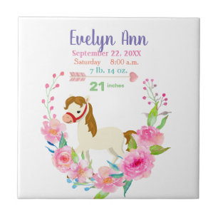 Birth Stats Baby Girl Pink Horse Ceramic Tile