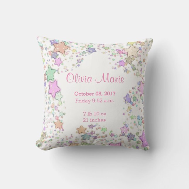 Birth Stats Baby Girl Stars Throw Pillow (Front)