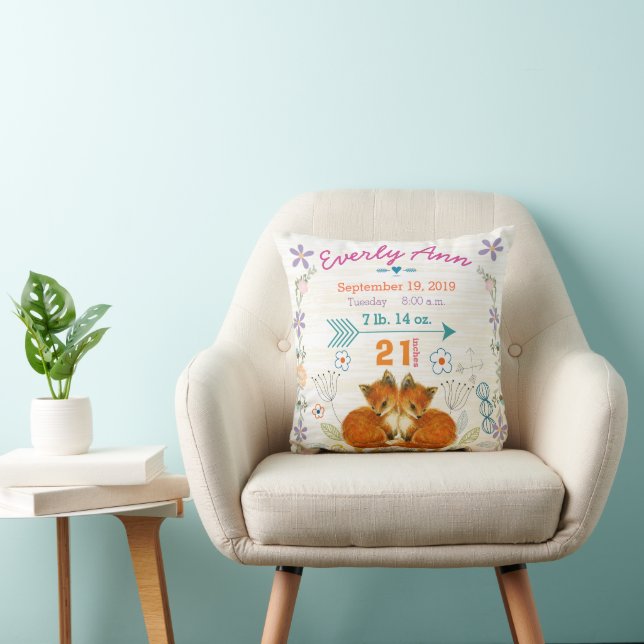 Birth Stats Baby Girl Woodland Creatures Fox Cushion (Chair)